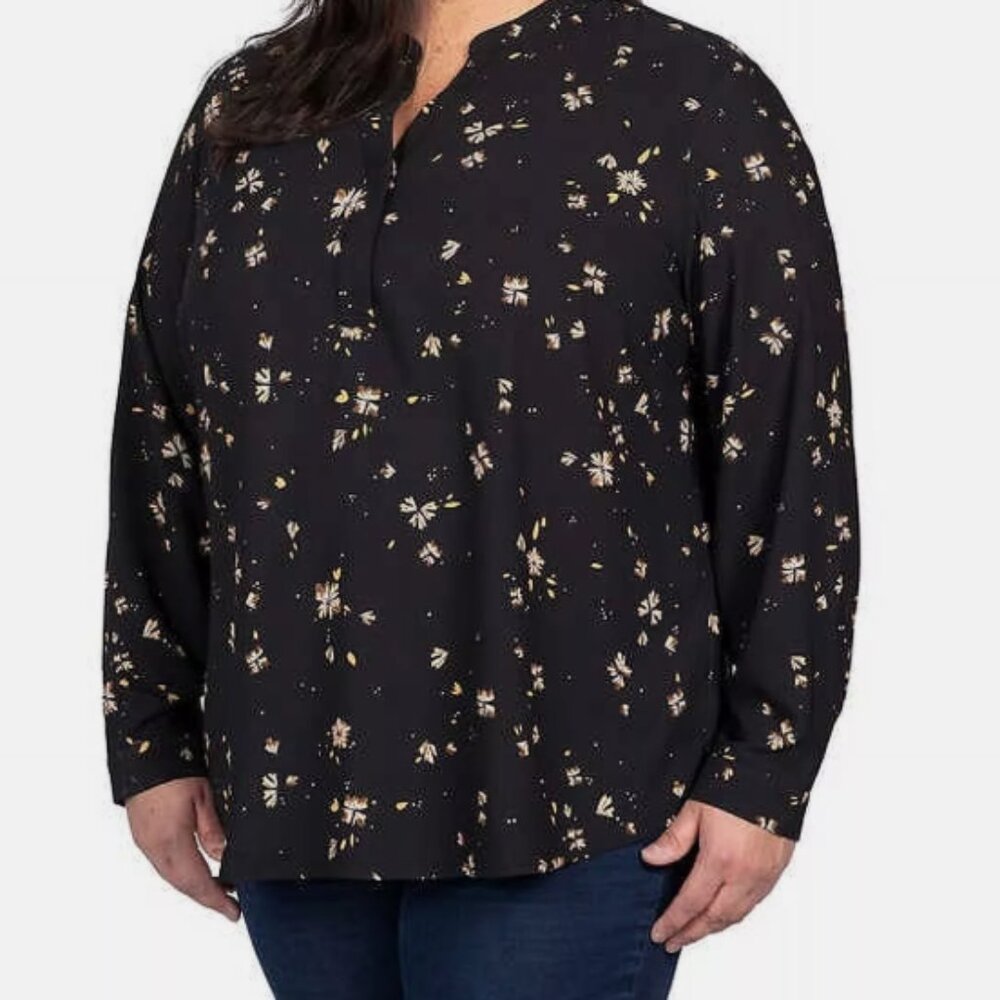 Hilary Radley 2XL Long Sleeve Blouse Black Brown Floral Dark Romantic Boho VNeck